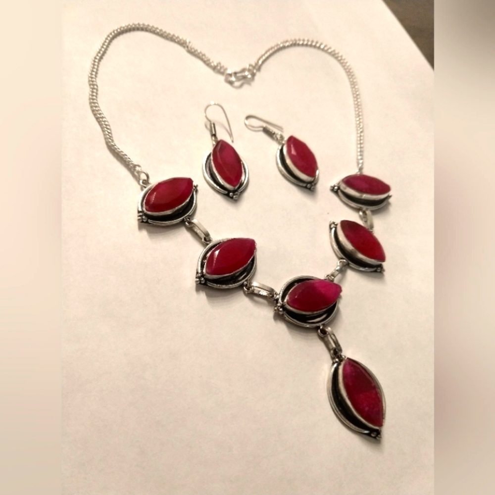 Ruby like Necklace and Earrings set, 925 made in India.